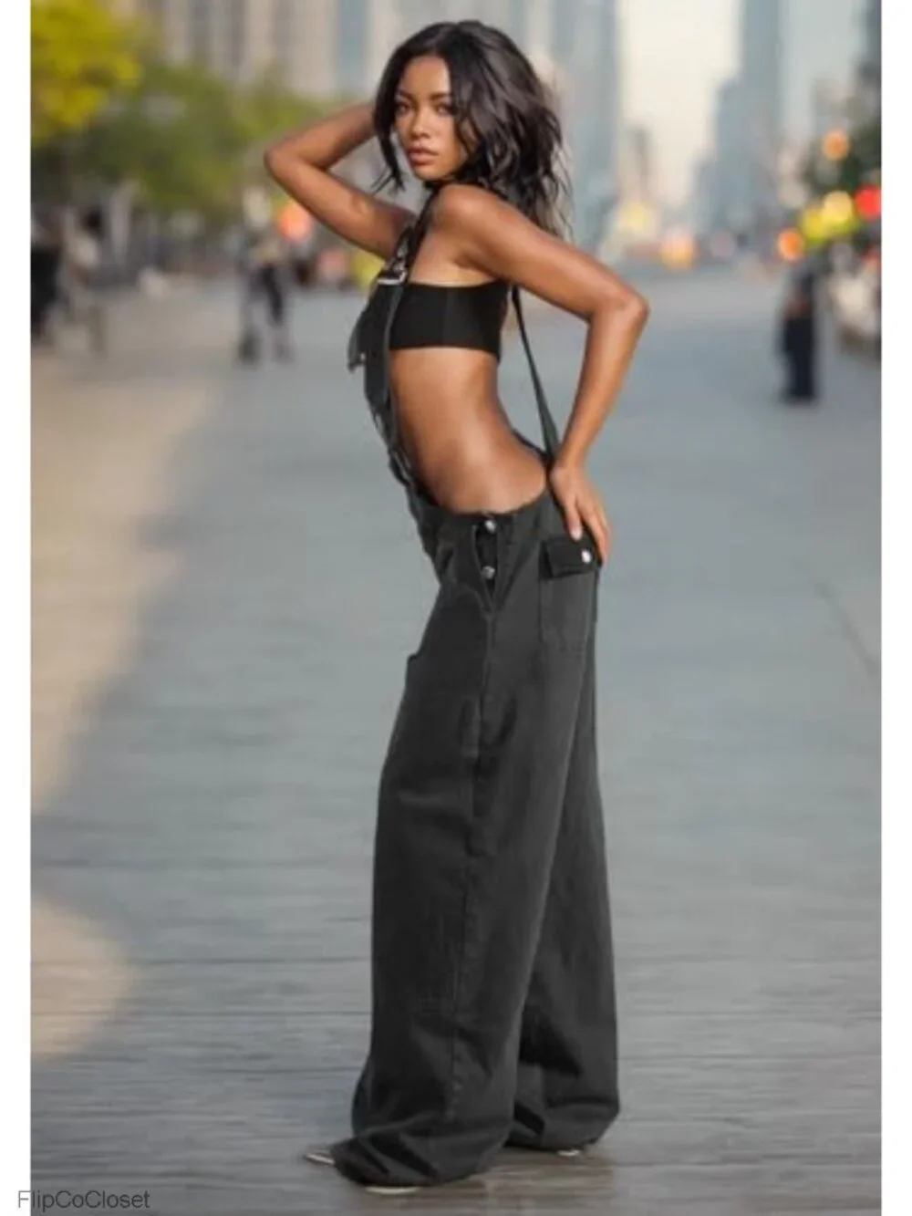 Women's Denim Overalls Adjustable Strap Wide Leg Cargo Jumpsuit
